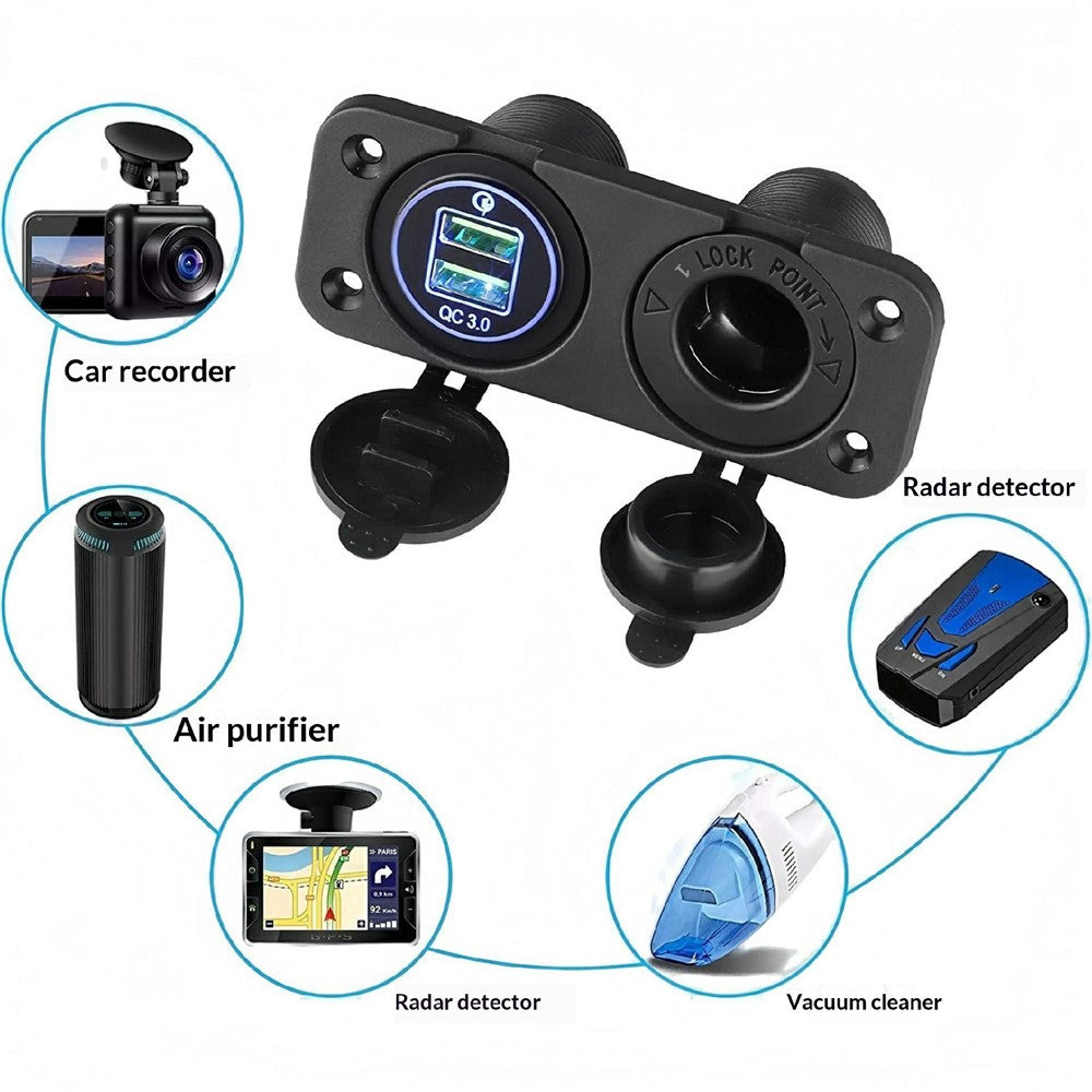QC3.0 Dual USB KFZ-Ladegerät mit Zigarettenanzünder für 12V-24V Wohnmobile, Boote, Motorräder