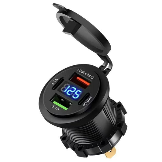 Kfz-Ladebuchse 12V/24V mit Spannungsanzeige, USB-A QC3.0 22.5W + USB-C PD 30W | 4 Ports