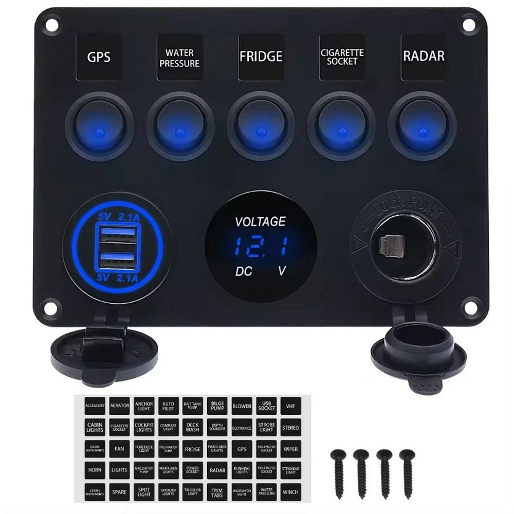 5-Schalter Bedienfeld mit Voltmeter, Dual USB Ladegerät & Zigarettenanzünder für RV, Marine & Boot