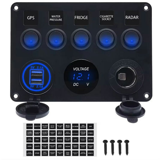 5-Schalter Bedienfeld mit Voltmeter, Dual USB Ladegerät & Zigarettenanzünder für RV, Marine & Boot