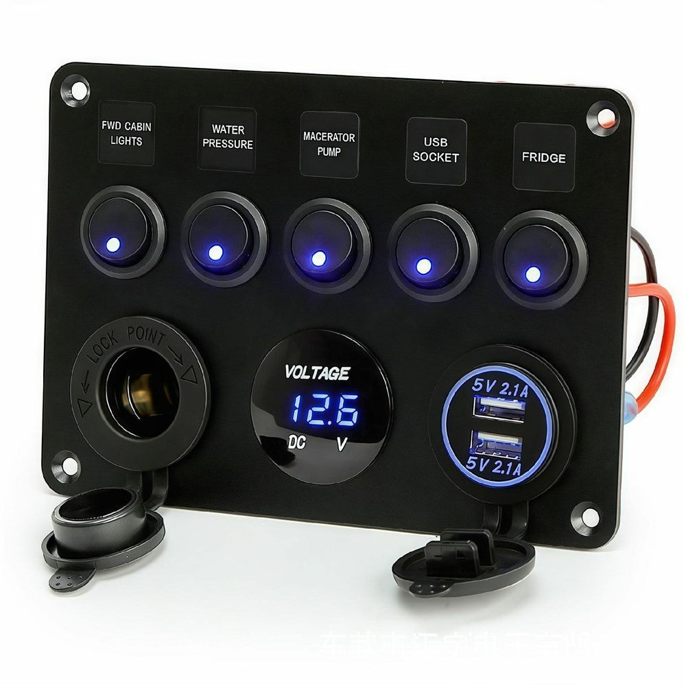 5-Schalter Bedienfeld mit Voltmeter, Dual USB Ladegerät & Zigarettenanzünder für RV, Marine & Boot