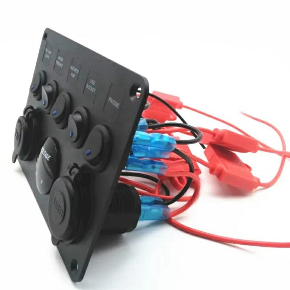 5-Schalter Bedienfeld mit Voltmeter, Dual USB Ladegerät & Zigarettenanzünder für RV, Marine & Boot
