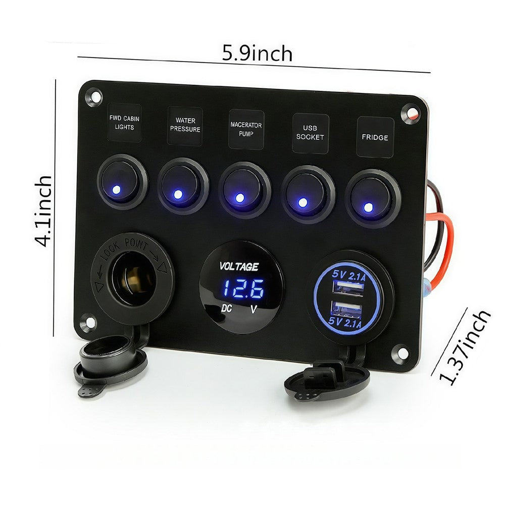 5-Schalter Bedienfeld mit Voltmeter, Dual USB Ladegerät & Zigarettenanzünder für RV, Marine & Boot