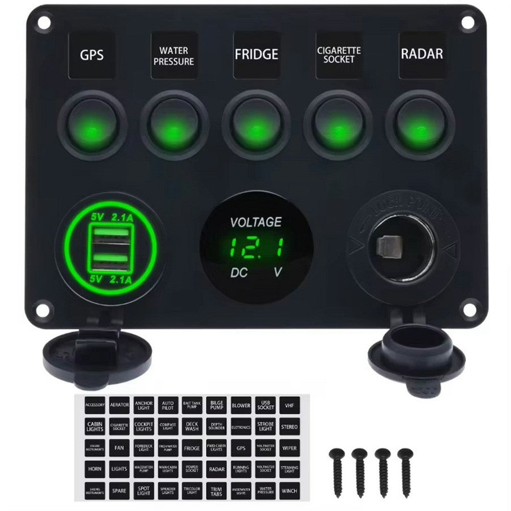 5-Schalter Bedienfeld mit Voltmeter, Dual USB Ladegerät & Zigarettenanzünder für RV, Marine & Boot