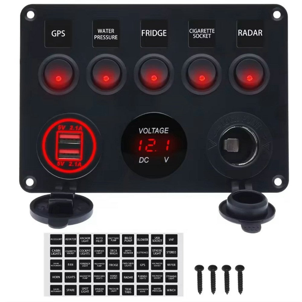 5-Schalter Bedienfeld mit Voltmeter, Dual USB Ladegerät & Zigarettenanzünder für RV, Marine & Boot