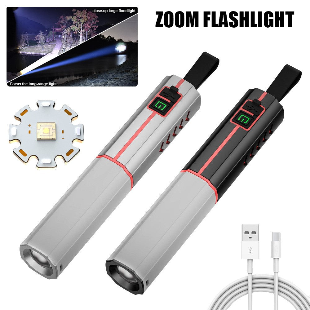 LED Flashlight Telescopic Zoom Rechargeable Type-C 3 Modes White Light Flashlight for Home Camping Outdoor Emergency