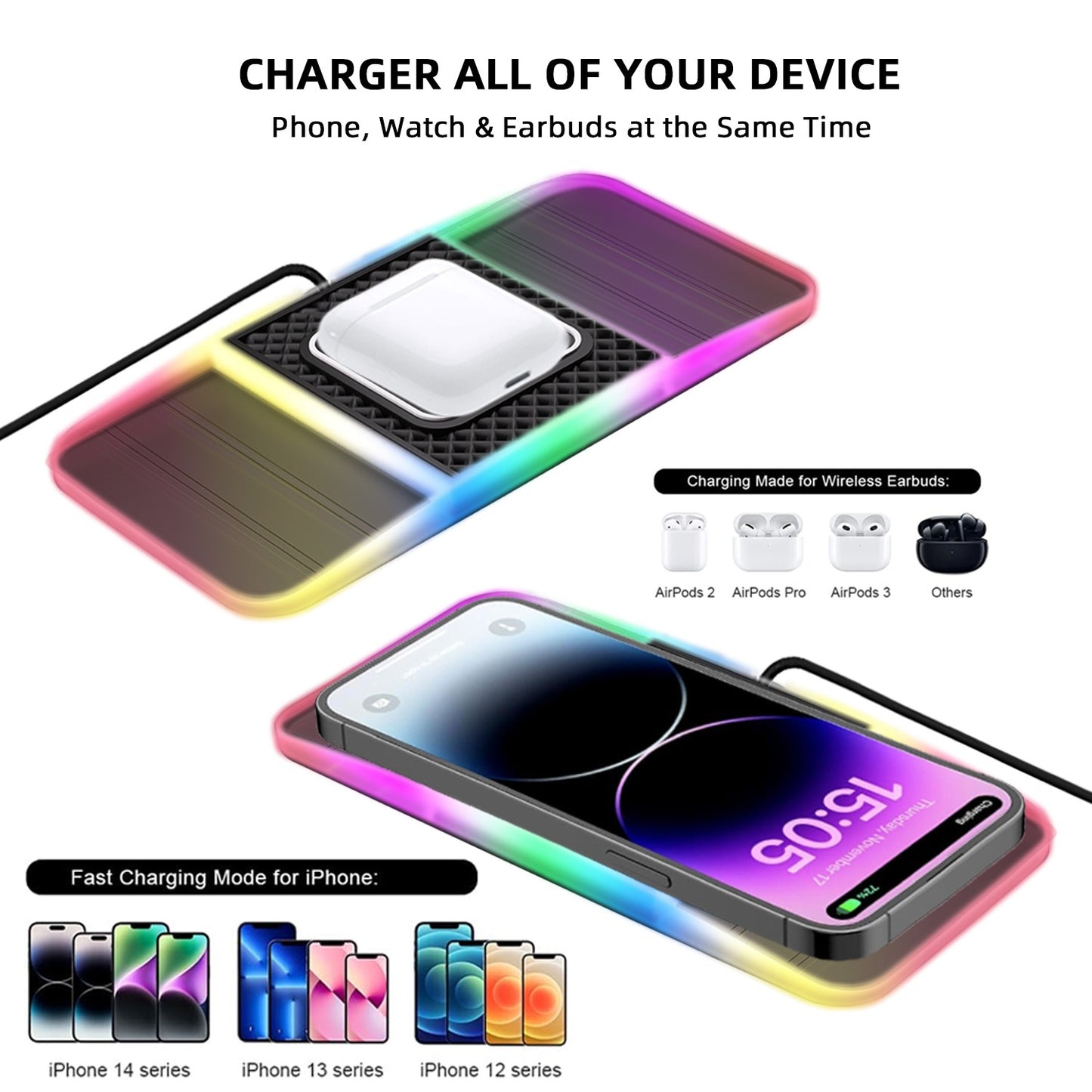 20W Schnelllade-Anti-Rutsch-Matte mit RGB-Licht – Universelles Handy-Ladegerät