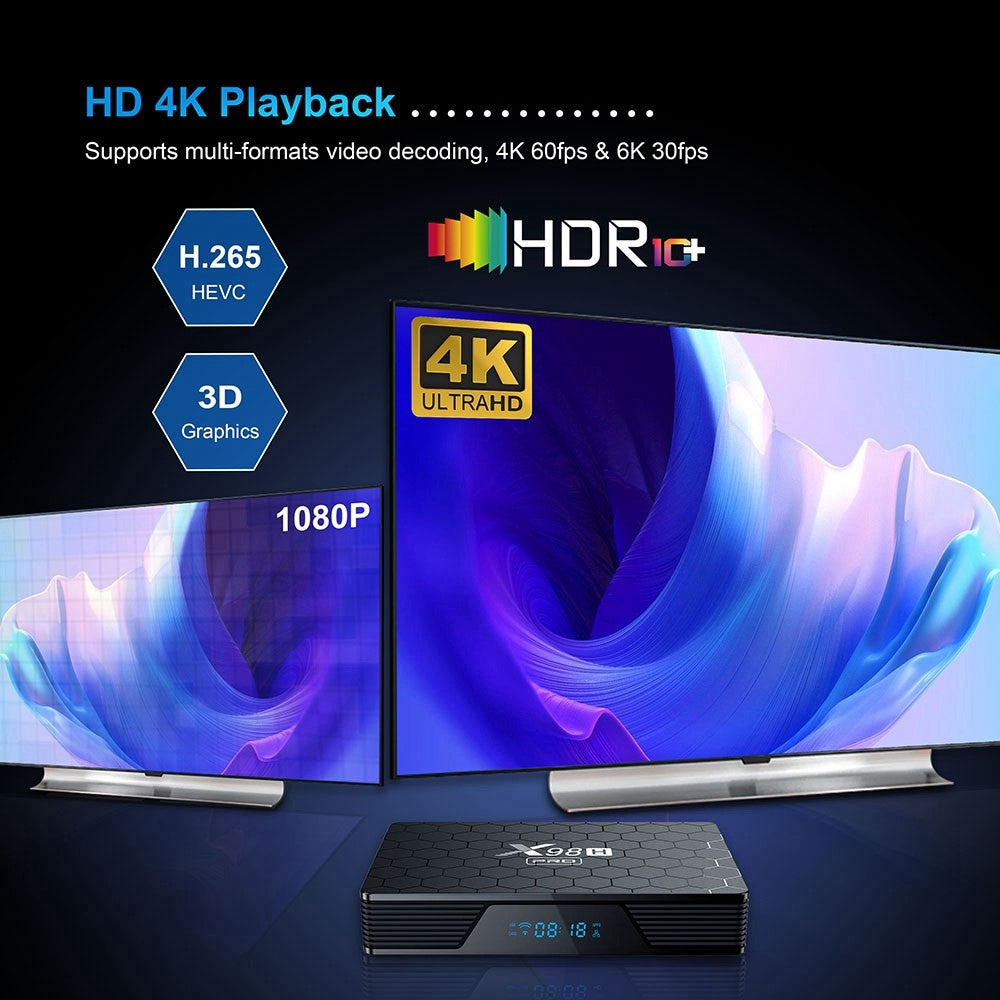 X98H Pro Android 12 Smart TV Box Allwinner H618 Quad-Core 2.4GHZ 5.8GHZ Dual-Band WiFi Support 6K Video Output Remote Control (2G+16G)