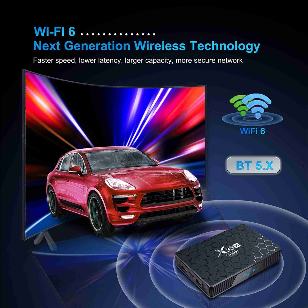 X98H Pro 2.4G / 5.8G Dual-Band WiFi6 Android 12 Smart TV Box Allwinner H618 1000M Ethernet Quad-Core 6K Video Output Media Player (4G+64G)