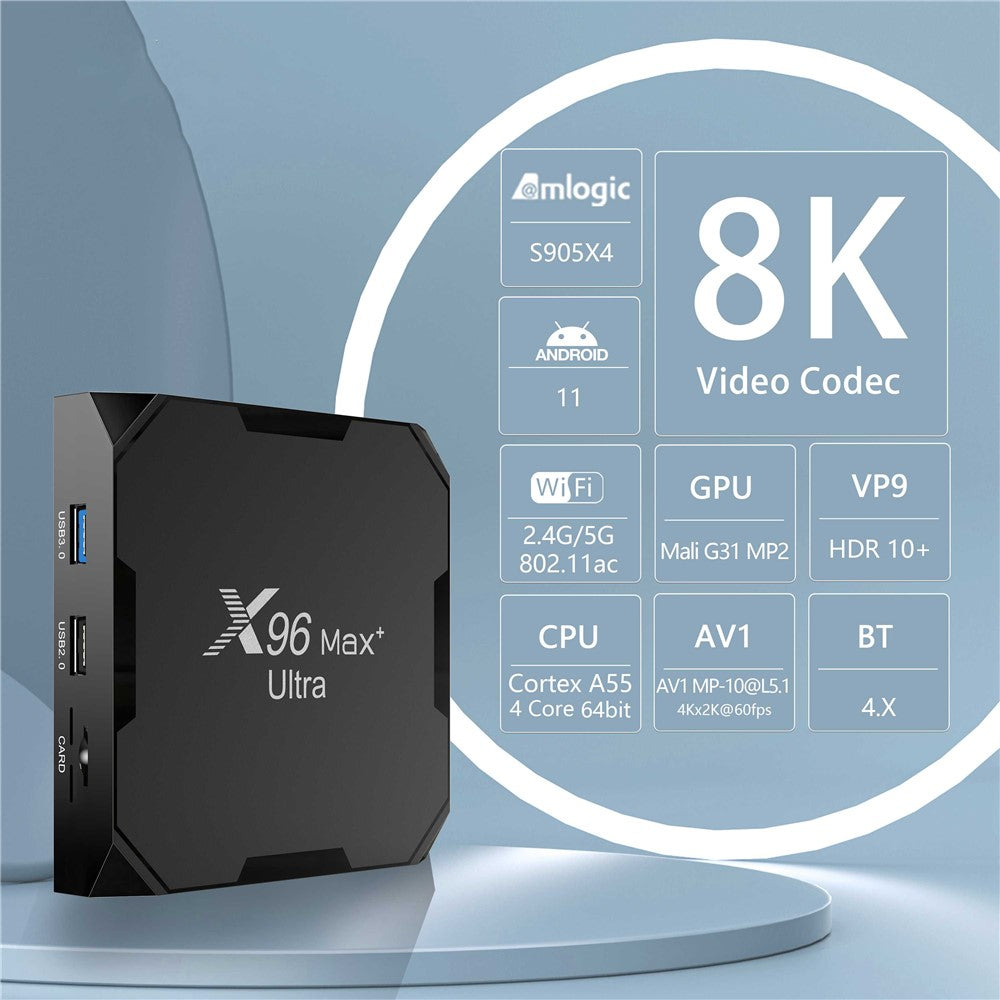 X96Max+ Ultra 2.4 / 5G Dual WiFi 8K TV Box Amlogic S905X4 Quad Core Android 11.0 4G 64G AV H.265 Media Player Set Top Box