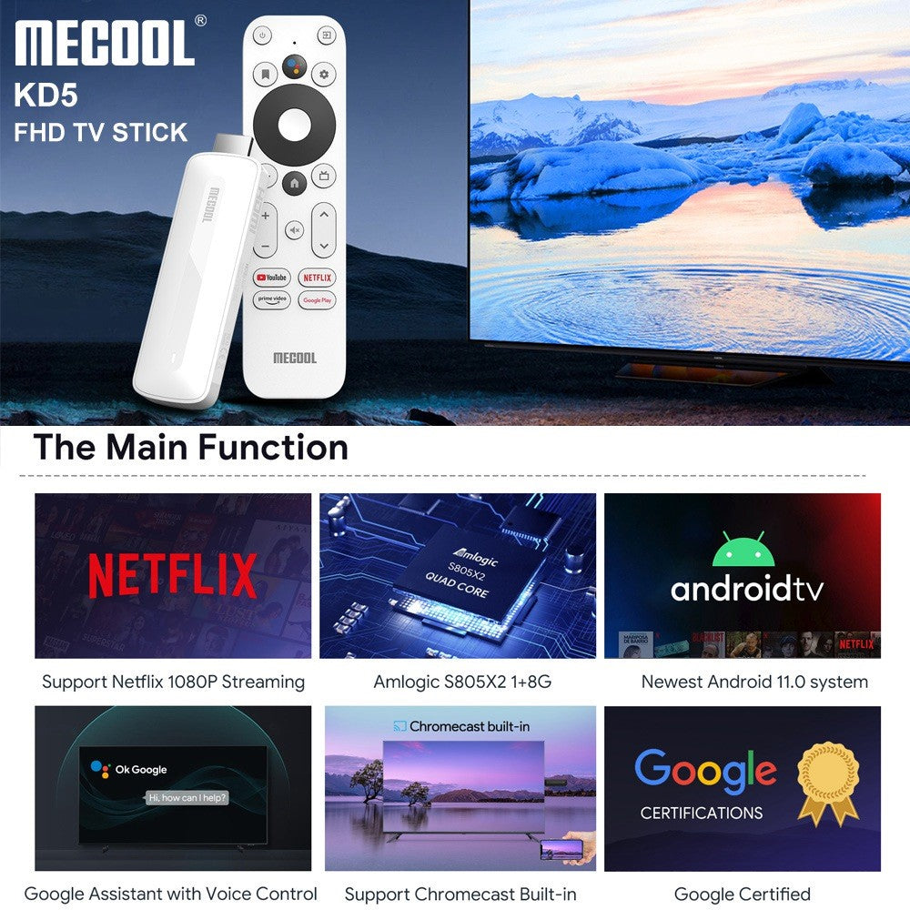 MECOOL KD5 Smart TV Stick TV Box Android 11 ATV Google Certified Amlogic S805X2 1GB 8GB DDR4 2.4G+5G WiFi BT AV1 TV Dongle (1+8G)