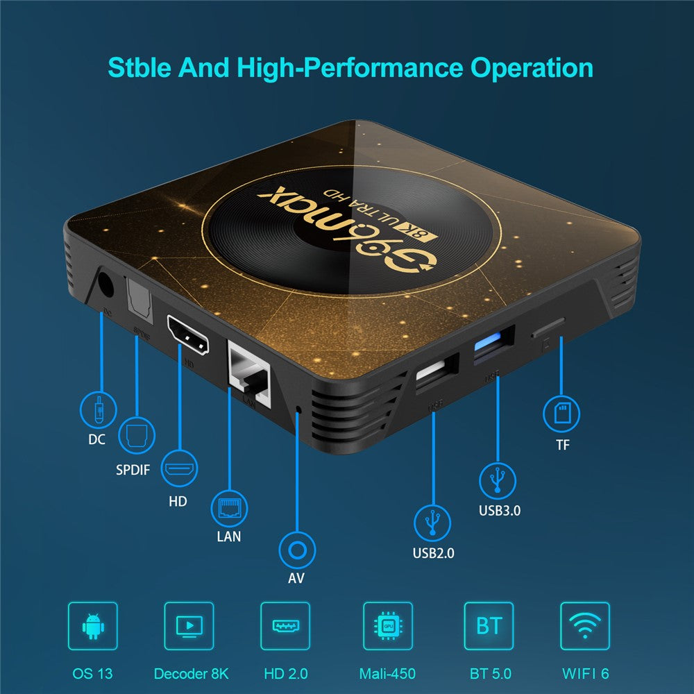 G96max Android 13.0 4+32GB 8K Ultra HD Smart TV Box WiFi 6 Bluetooth-compatible Remote Control TV Box (CE Certified)