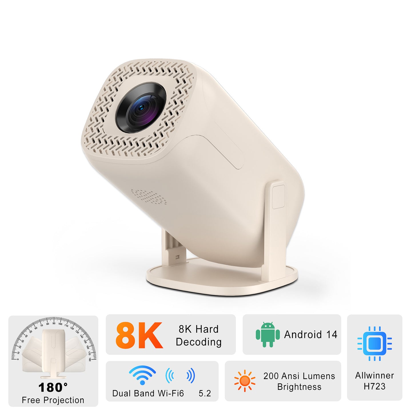 V5 Smart Video Projector Android 14 Automatic Keystone Correction WiFi / Bluetooth-compatible Mini Home Theater, 1+8GB