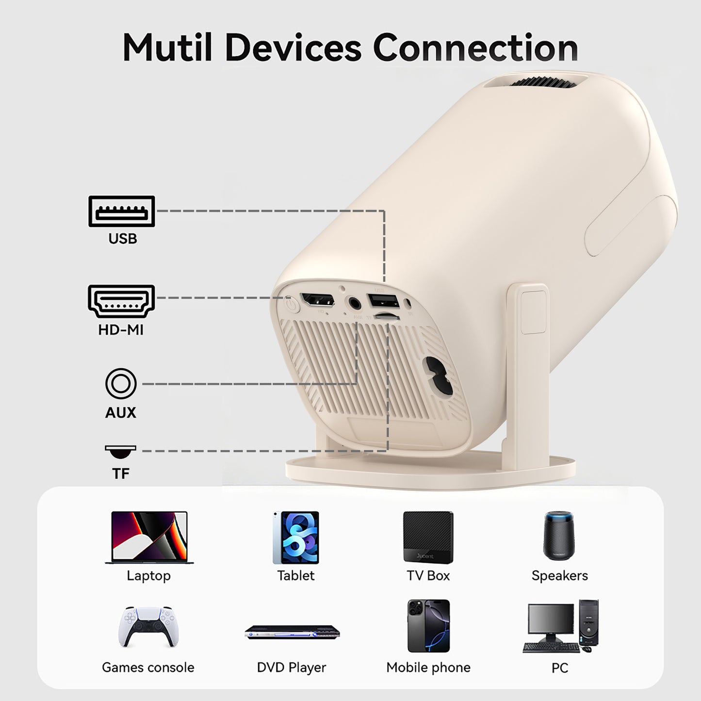 V5 Smart Video Projector Android 14 Automatic Keystone Correction WiFi / Bluetooth-compatible Mini Home Theater, 1+8GB