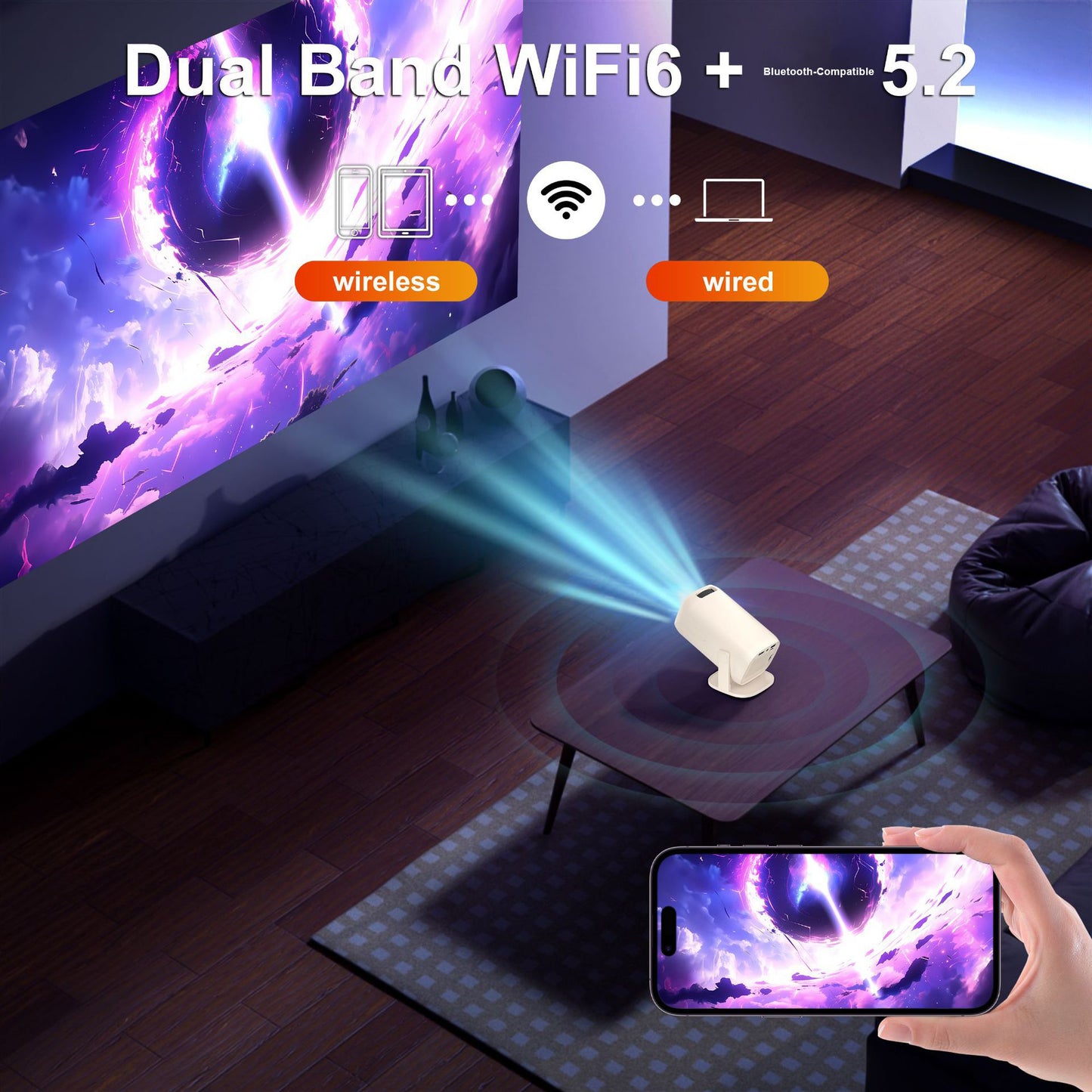 V5 Smart Video Projector Android 14 Automatic Keystone Correction WiFi / Bluetooth-compatible Mini Home Theater, 1+8GB