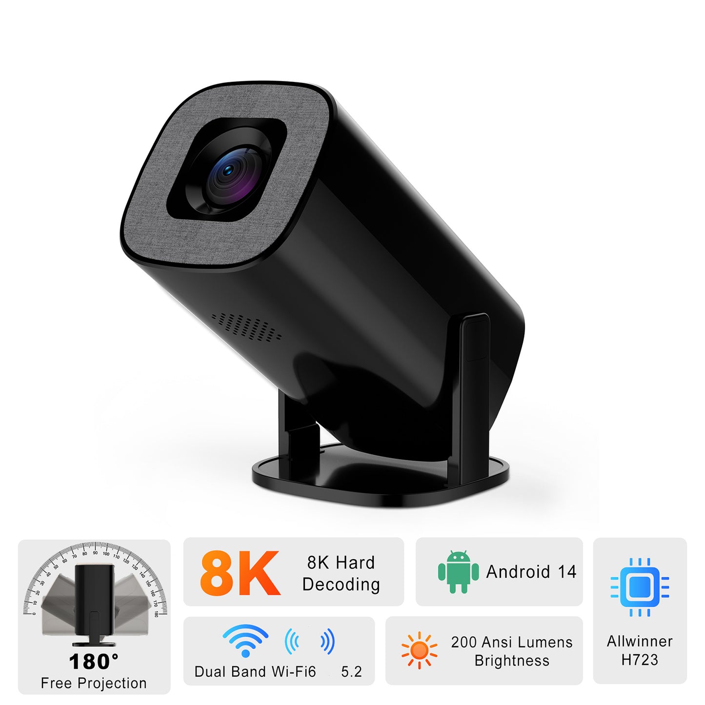V1 Smart Video Projector 200 ANSI Android 14 Automatic Keystone Correction WiFi / Bluetooth-compatible Home Theater, 1+8GB