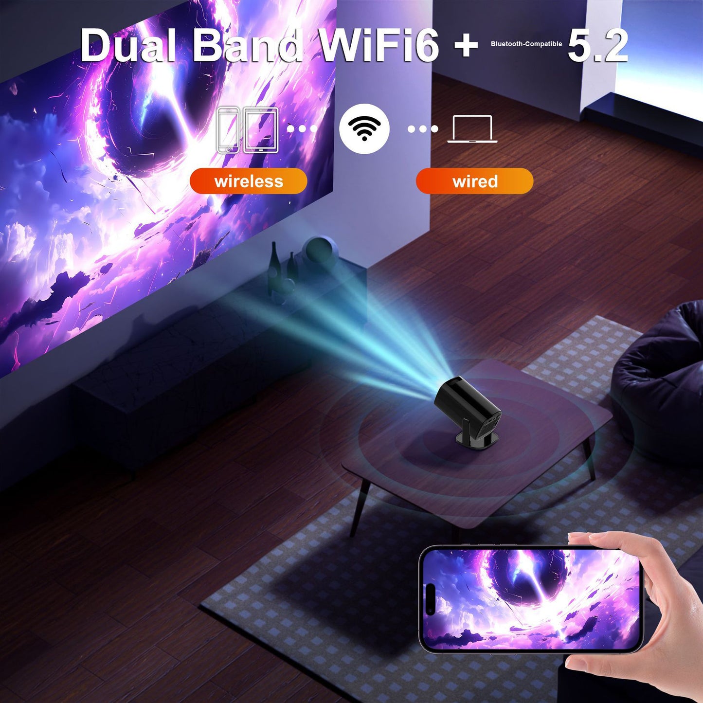 V1 Smart Video Projector 200 ANSI Android 14 Automatic Keystone Correction WiFi / Bluetooth-compatible Home Theater, 1+8GB