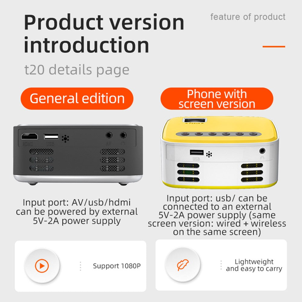 T20 HD 1080P Mini Projector Remote Control LED Video Projector Office Home Theatre Device