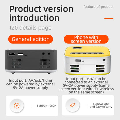 T20 HD 1080P Mini Projector Remote Control LED Video Projector Office Home Theatre Device