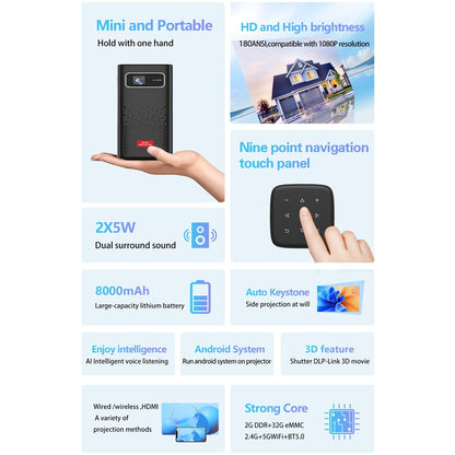 C900 Android 9.0 WiFi Mini DLP Projector 960x540P High Definition Pocket Home Theater