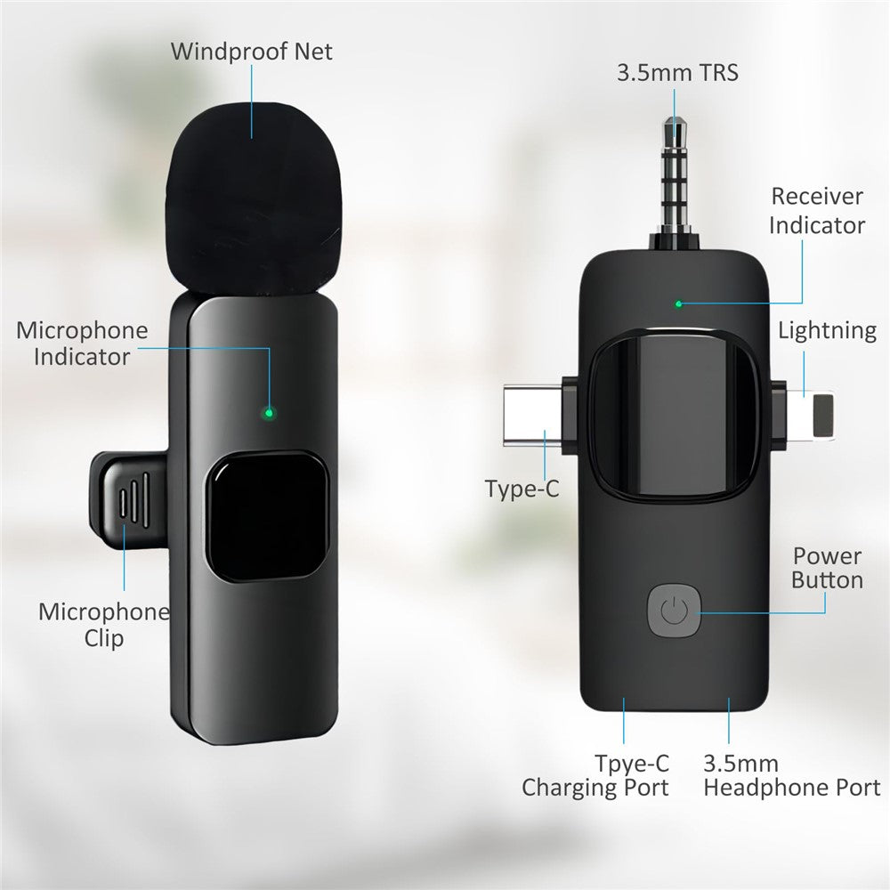 K15 3-in-1 Funk-Lavalier-Mikrofon mit Geräuschunterdrückung | USB-C Mikrofon für Smartphone, Computer, Kamera