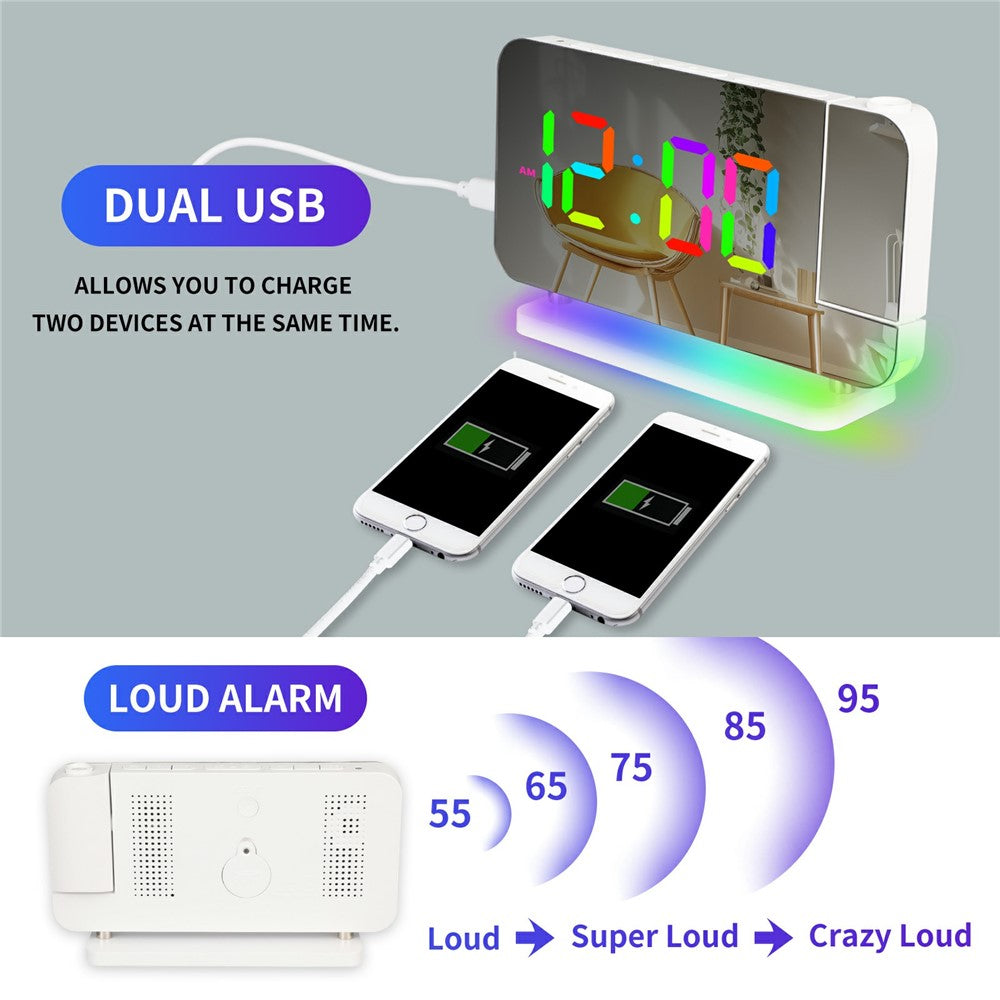 EN8853B Mirror Display RGB Digital Alarm Clock with Adjustable Brightness and Dynamic Color Modes