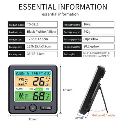 TS-6211 Multifunctional Digital Hygrometer Thermometer Large Display Temperature Humidity Monitor Electronic Clock
