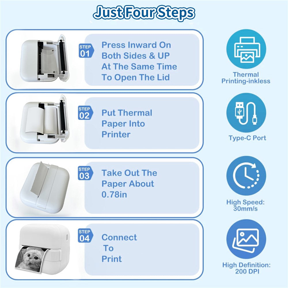 X18 Portable Inkless Thermal Printer 200DPI Bluetooth-compatible Mini Pocket Printer, Standard Version
