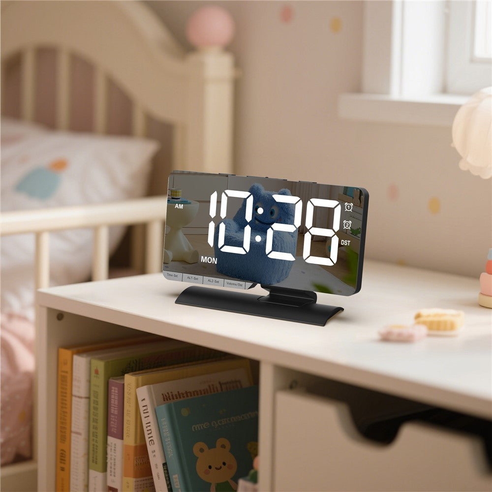 EN8836-A Weekday Display Large Screen Dimmable LED Mirror Digital Alarm Clock with DST Function and Dual Charging Ports