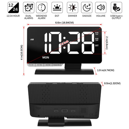 EN8836-A Weekday Display Large Screen Dimmable LED Mirror Digital Alarm Clock with DST Function and Dual Charging Ports