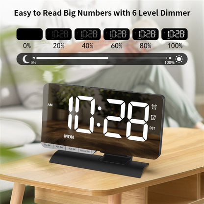 EN8836-A Weekday Display Large Screen Dimmable LED Mirror Digital Alarm Clock with DST Function and Dual Charging Ports