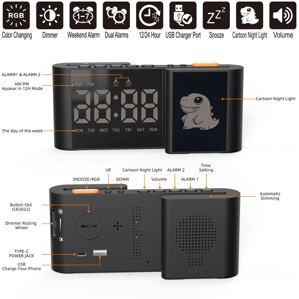 EN8837-C Cartoon Tiermotiv S-förmiger Dual-Screen RGB Wecker mit Nachtlicht – 12/24-Stunden Anzeige
