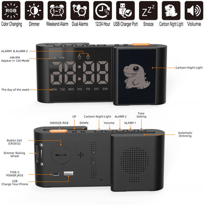 EN8837-C Cartoon Tiermotiv S-förmiger Dual-Screen RGB Wecker mit Nachtlicht – 12/24-Stunden Anzeige