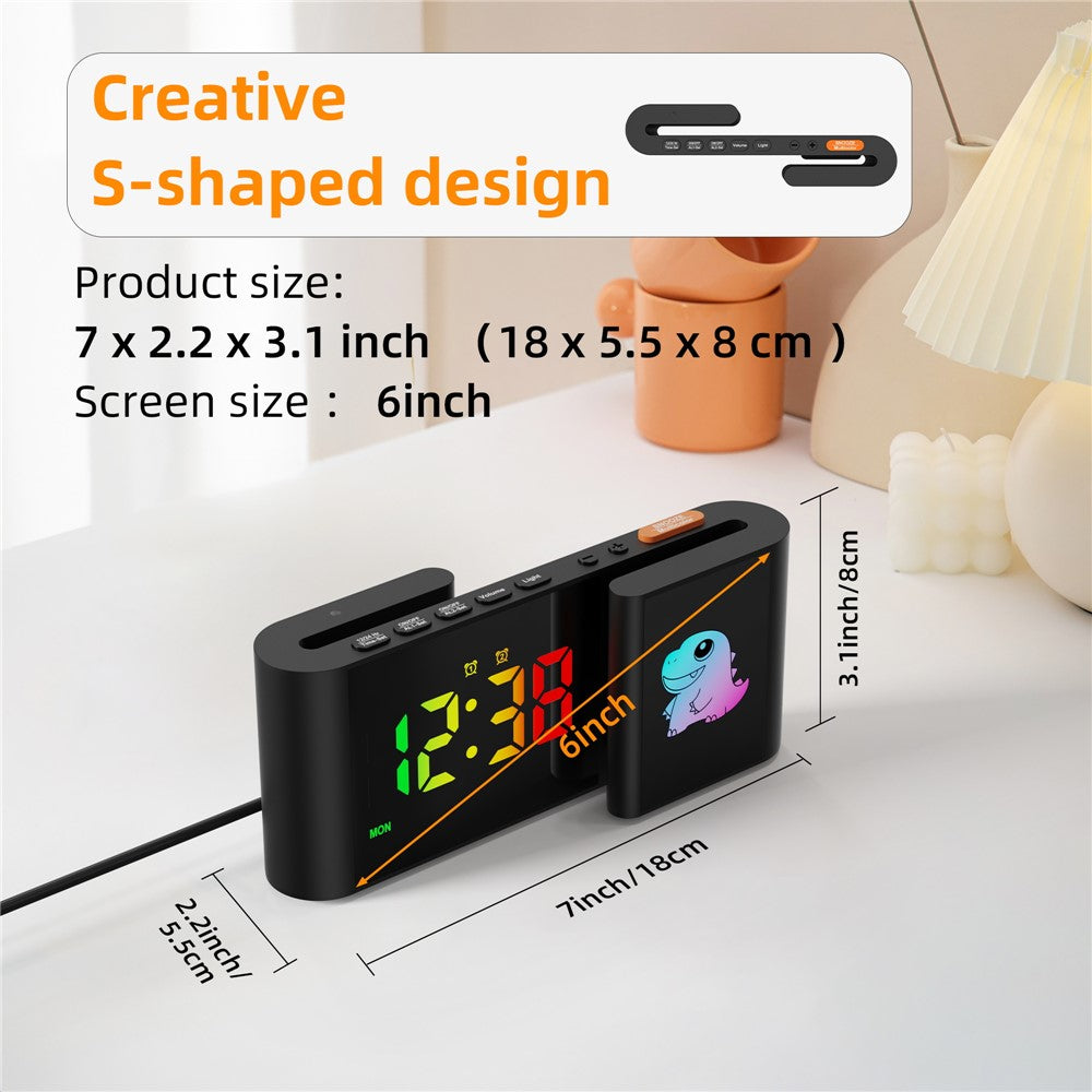 EN8837-C Cartoon Tiermotiv S-förmiger Dual-Screen RGB Wecker mit Nachtlicht – 12/24-Stunden Anzeige
