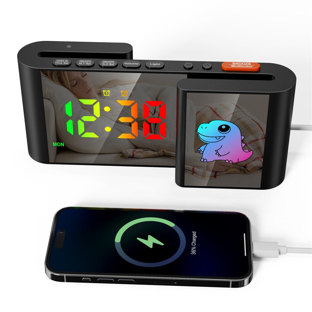 EN8837-C Cartoon Tiermotiv S-förmiger Dual-Screen RGB Wecker mit Nachtlicht – 12/24-Stunden Anzeige