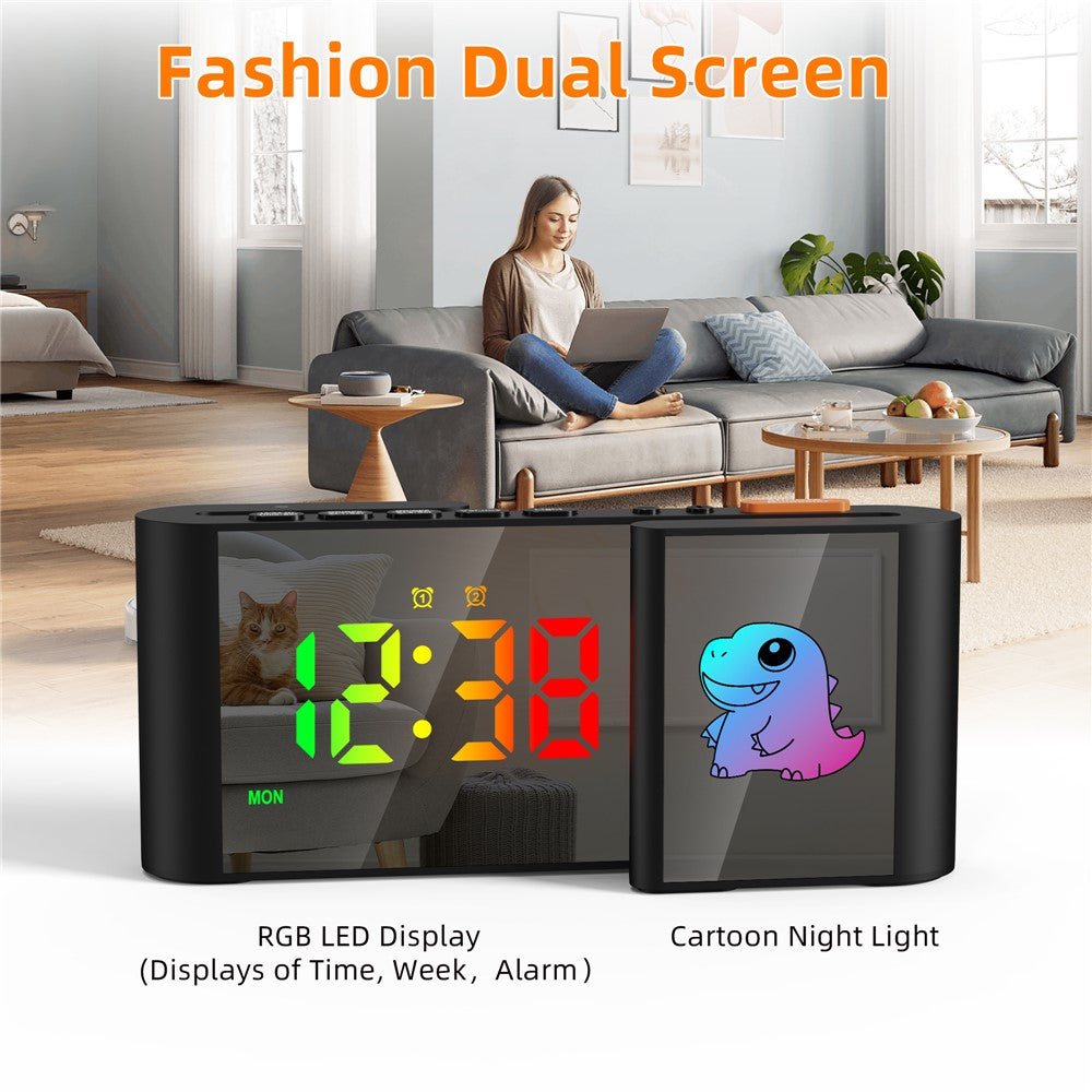EN8837-C Cartoon Tiermotiv S-förmiger Dual-Screen RGB Wecker mit Nachtlicht – 12/24-Stunden Anzeige