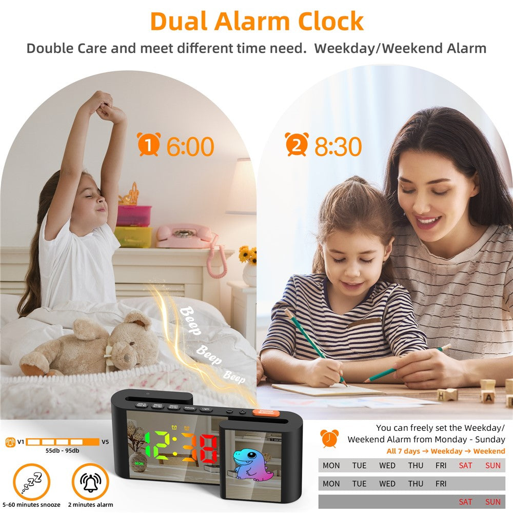 EN8837-C Cartoon Tiermotiv S-förmiger Dual-Screen RGB Wecker mit Nachtlicht – 12/24-Stunden Anzeige
