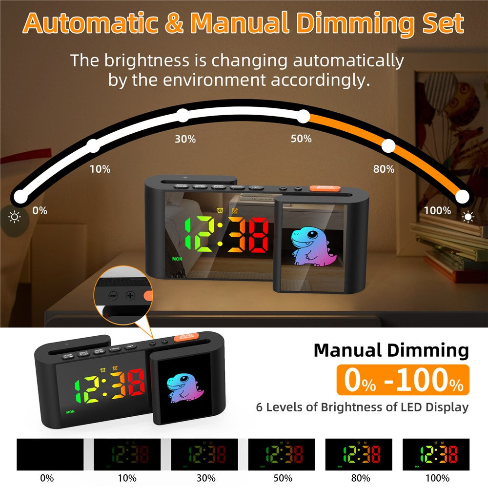 EN8837-C Cartoon Tiermotiv S-förmiger Dual-Screen RGB Wecker mit Nachtlicht – 12/24-Stunden Anzeige