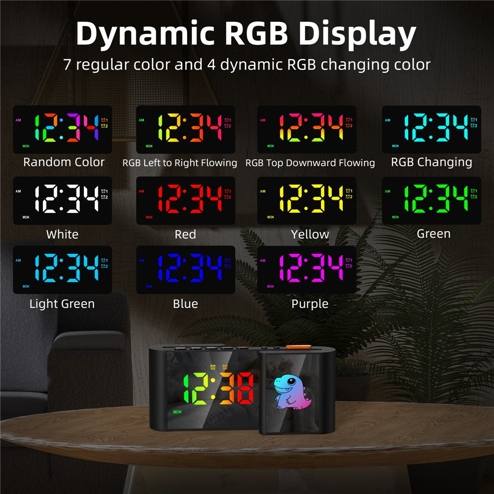 EN8837-C Cartoon Tiermotiv S-förmiger Dual-Screen RGB Wecker mit Nachtlicht – 12/24-Stunden Anzeige