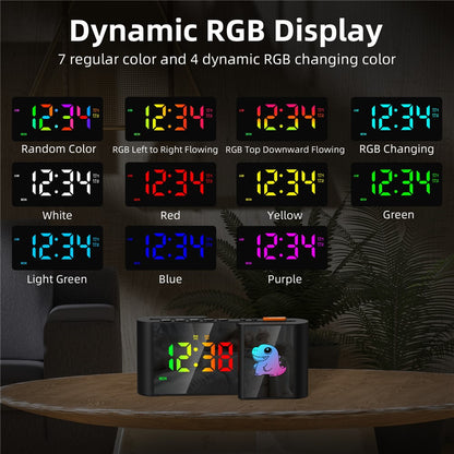 EN8837-C Cartoon Tiermotiv S-förmiger Dual-Screen RGB Wecker mit Nachtlicht – 12/24-Stunden Anzeige