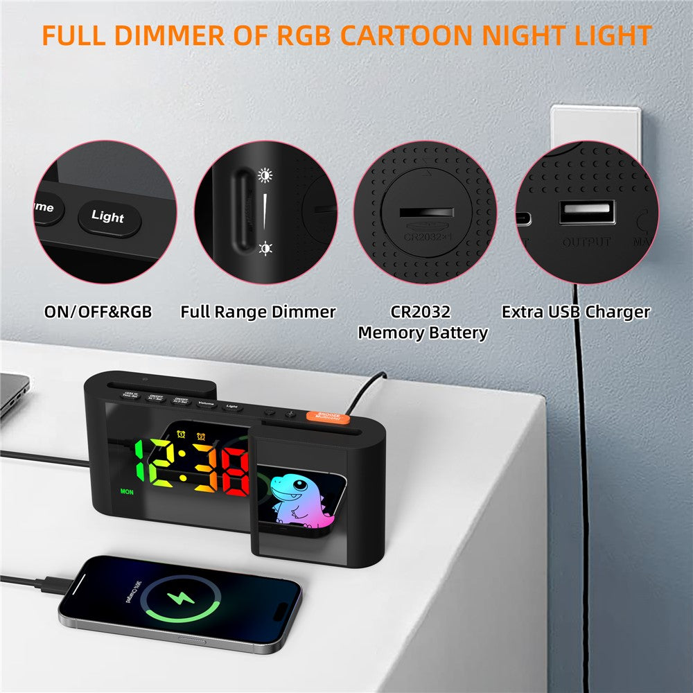 EN8837-C Cartoon Tiermotiv S-förmiger Dual-Screen RGB Wecker mit Nachtlicht – 12/24-Stunden Anzeige