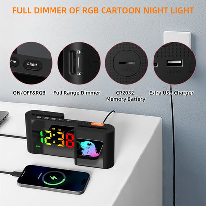 EN8837-C Cartoon Tiermotiv S-förmiger Dual-Screen RGB Wecker mit Nachtlicht – 12/24-Stunden Anzeige