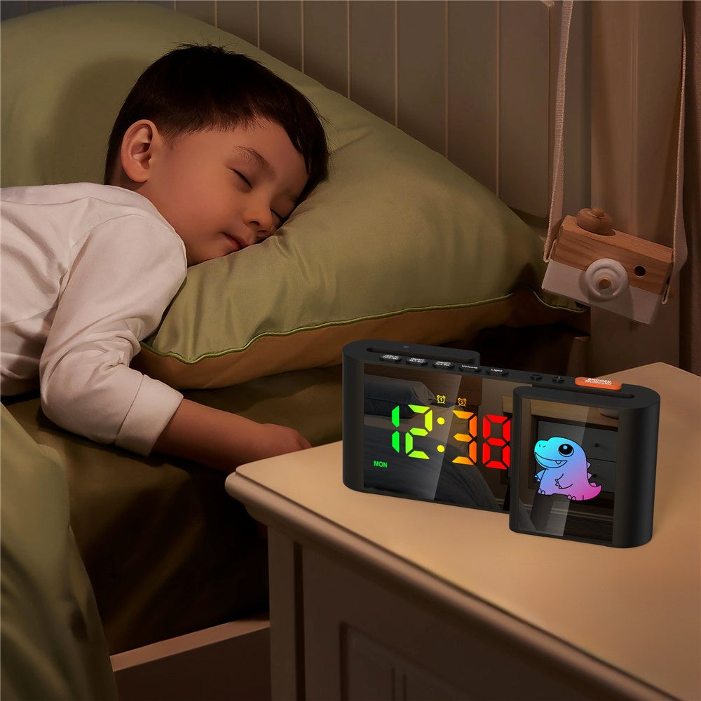 EN8837-C Cartoon Tiermotiv S-förmiger Dual-Screen RGB Wecker mit Nachtlicht – 12/24-Stunden Anzeige