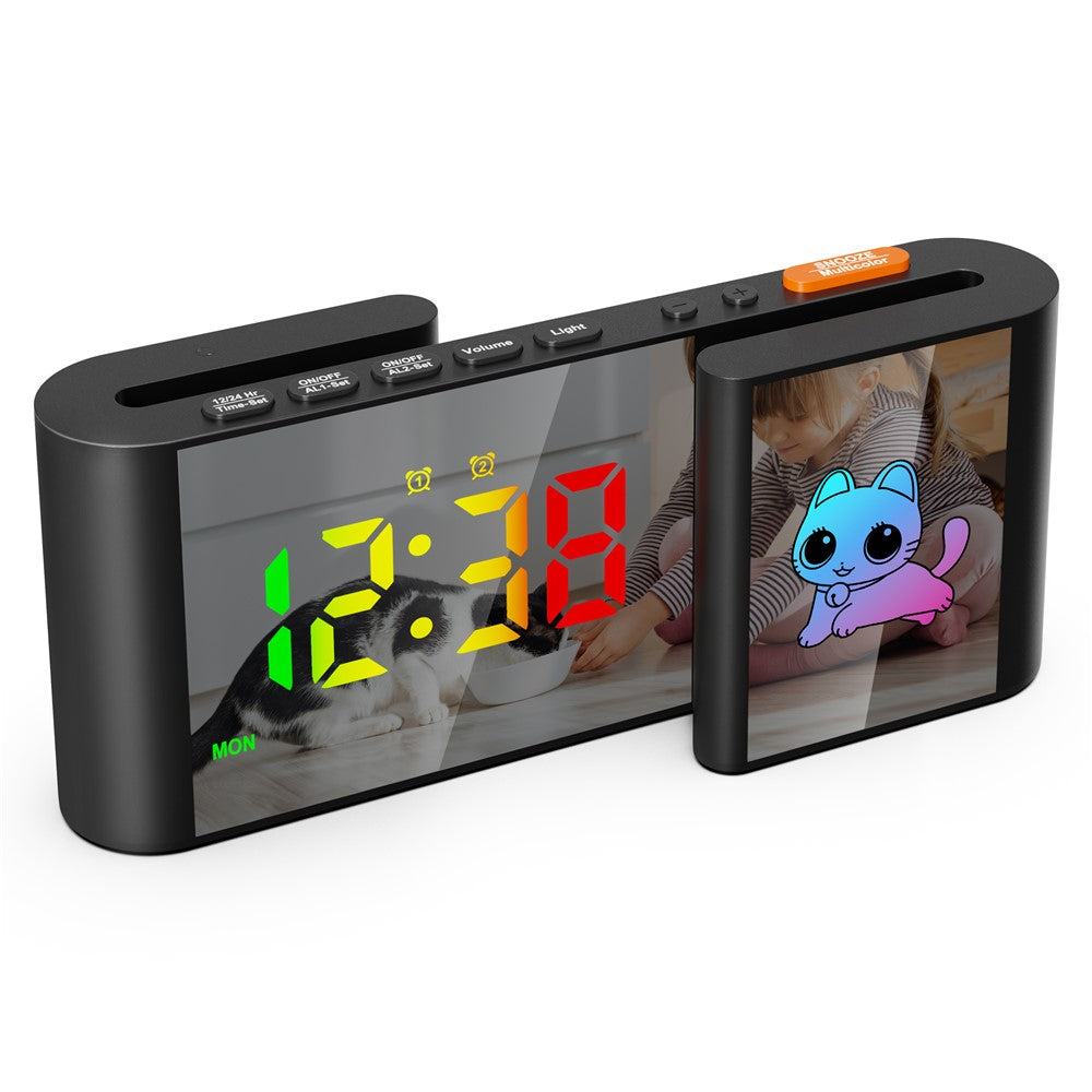 EN8837-C Cartoon Tiermotiv S-förmiger Dual-Screen RGB Wecker mit Nachtlicht – 12/24-Stunden Anzeige