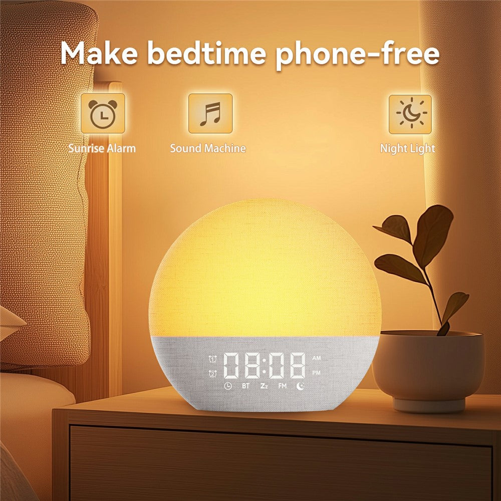 SH08A Fabric Sunrise Design Alarm Clock Bluetooth-Compatible Speaker White Noise with LED Night Light / FM Radio