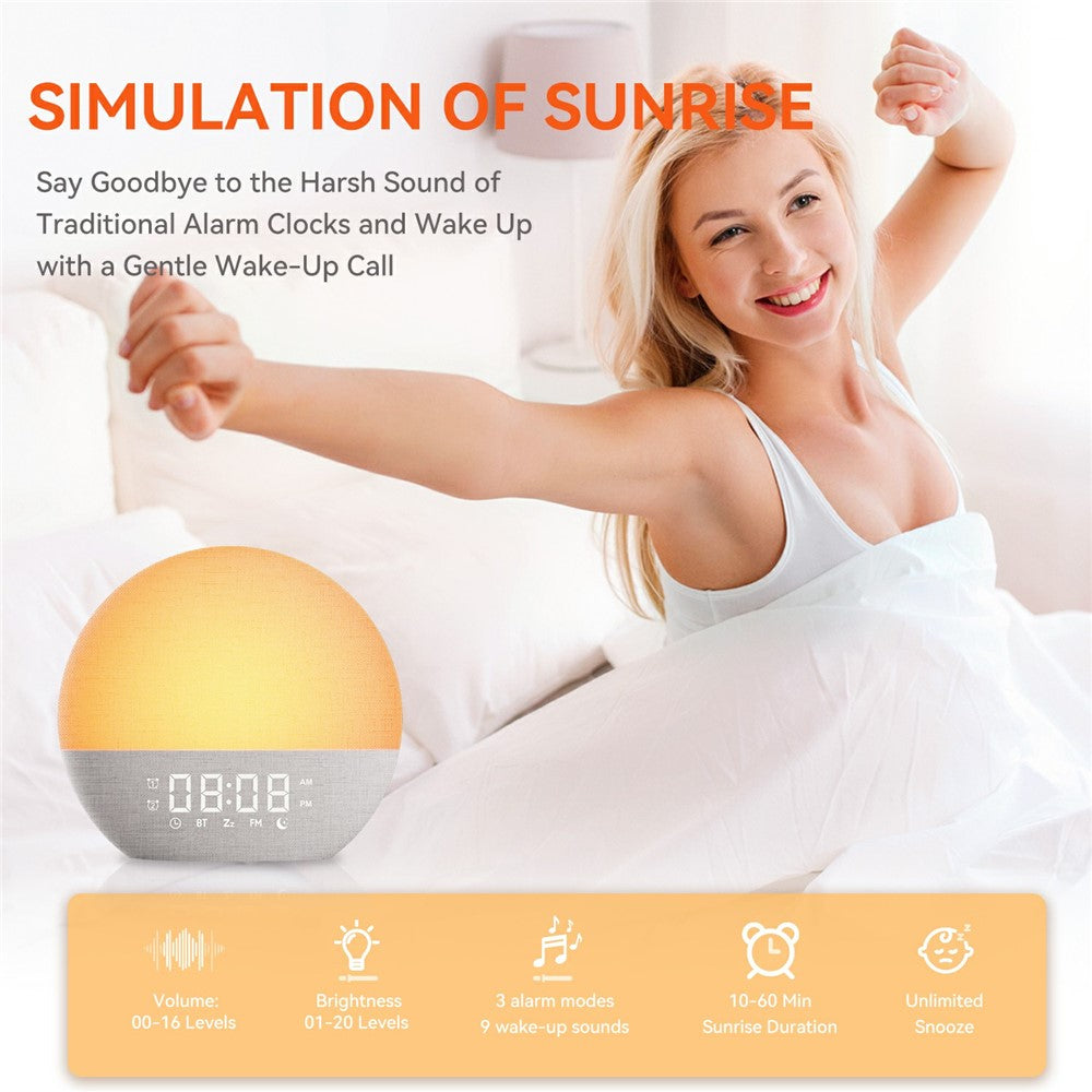 SH08A Fabric Sunrise Design Alarm Clock Bluetooth-Compatible Speaker White Noise with LED Night Light / FM Radio