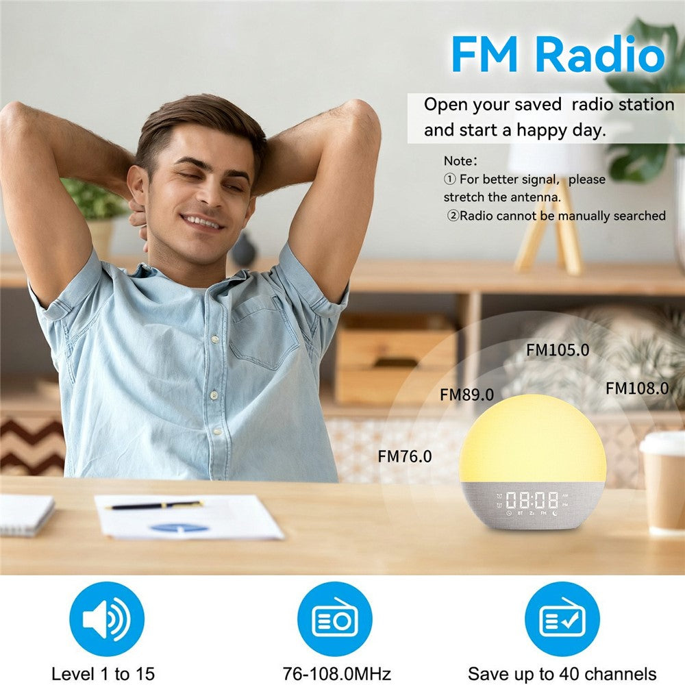 SH08A Fabric Sunrise Design Alarm Clock Bluetooth-Compatible Speaker White Noise with LED Night Light / FM Radio