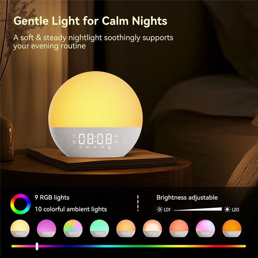 SH08A Fabric Sunrise Design Alarm Clock Bluetooth-Compatible Speaker White Noise with LED Night Light / FM Radio