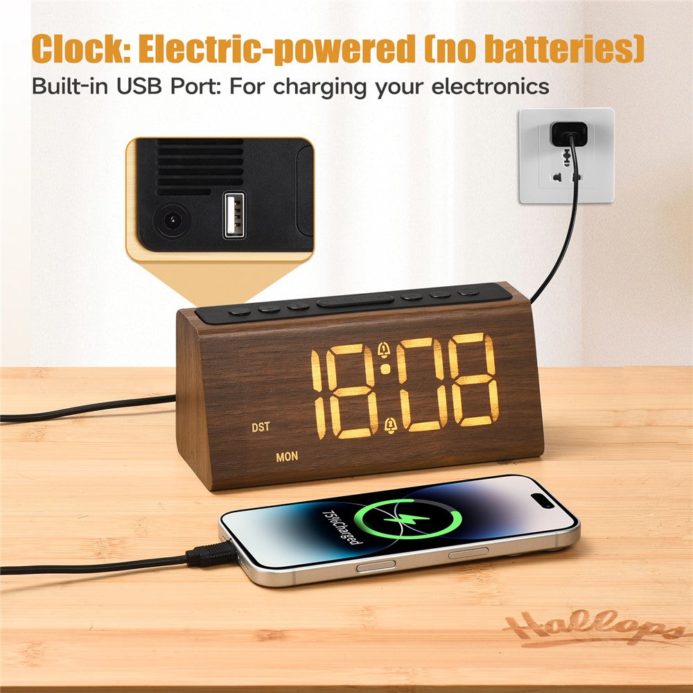 GS-G60 Wood Grain Digital Clock 1.8 Inch LED Display Dual Alarm Clock with Adjustable Volume and Brightness
