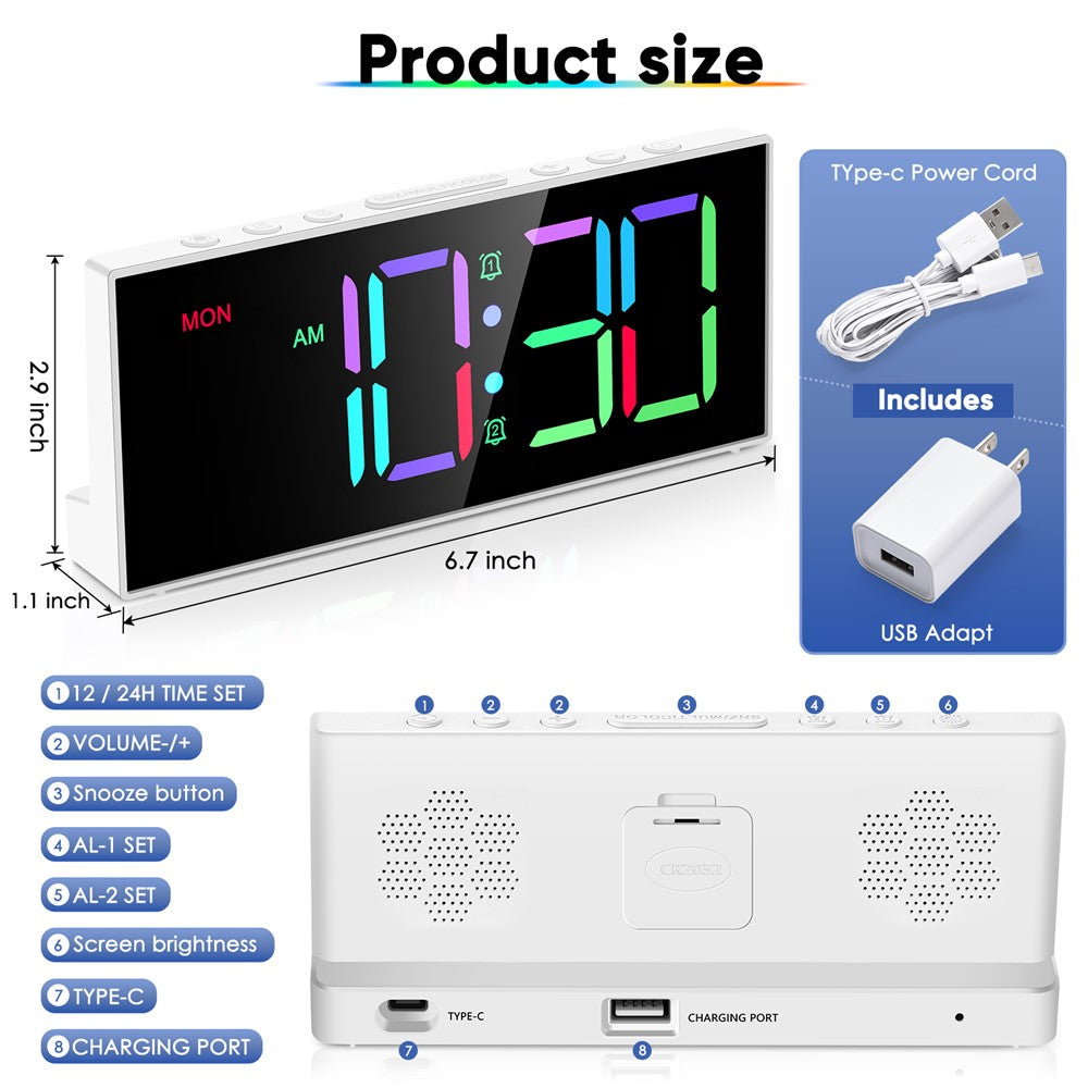 GS-G11 RGB Digital Clock LED Display Alarm Clock Adjustable Volume and Brightness Table Clock for Living Room Bedroom